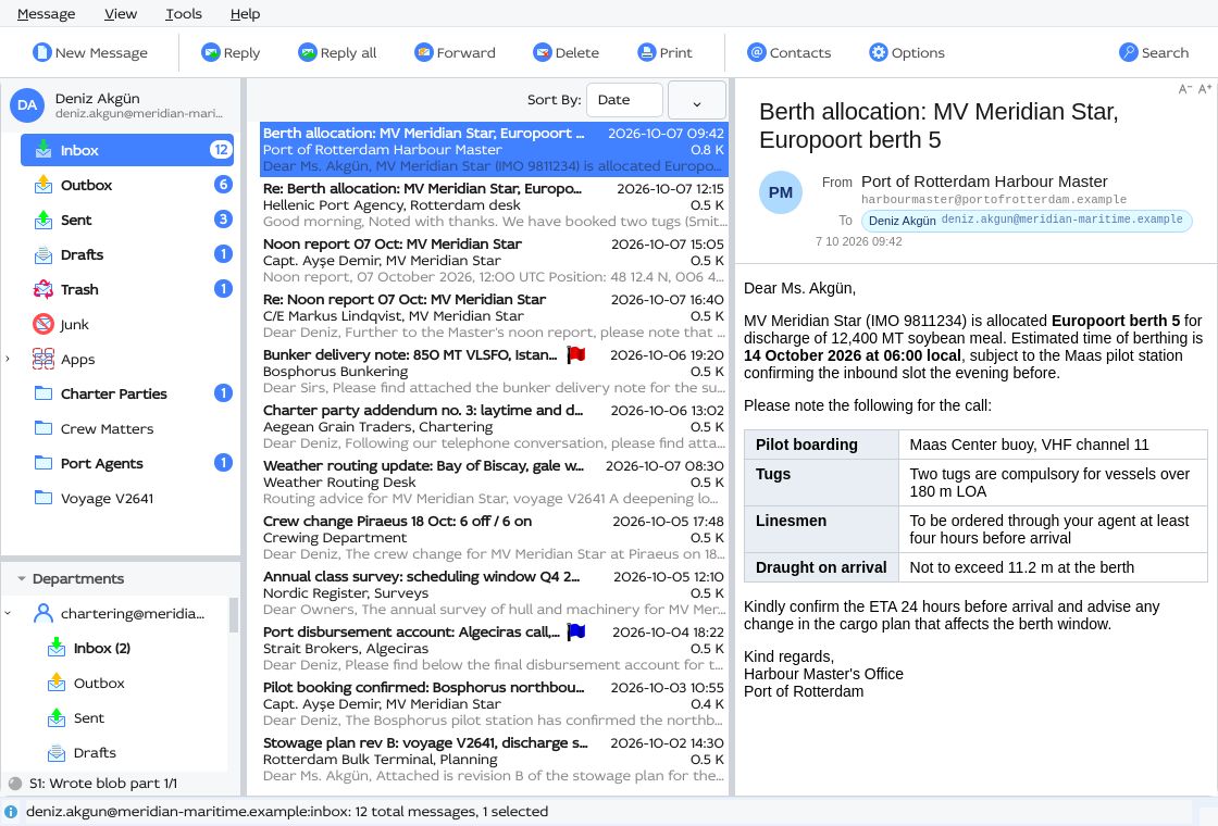 The Sobamail desktop client: the folder tree on the left, the Inbox's message list in the middle and the selected message in the reader pane on the right