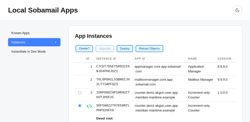 The Instances screen with the Counter's developer-mode instance
selected