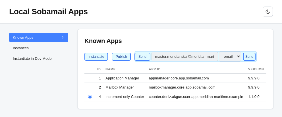 The Known Apps screen with the Counter selected and its Send row
open