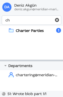 The filter box holding "ch": the Charter Parties folder and the chartering department are left, the folders above them faded