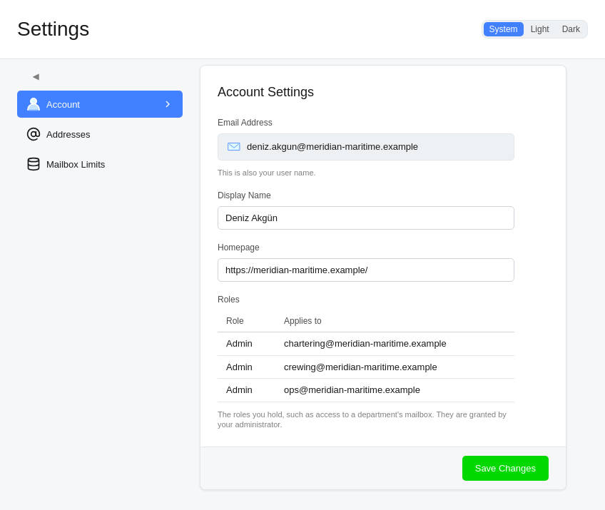 The Account page: your address, name, homepage and roles