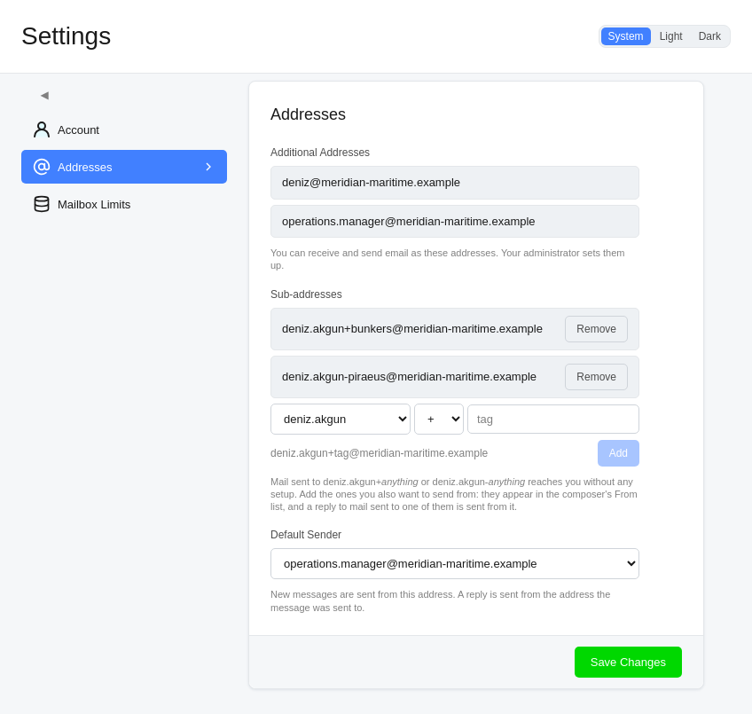 The Addresses page: additional addresses, sub-addresses and the default sender