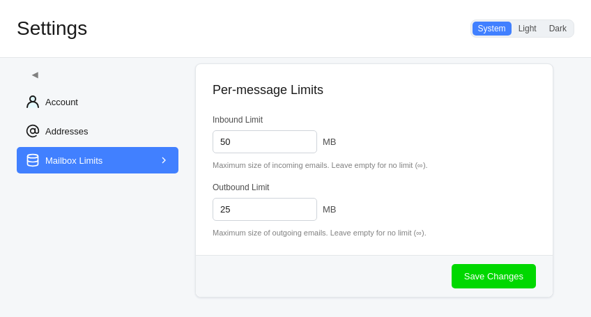 The Mailbox Limits page