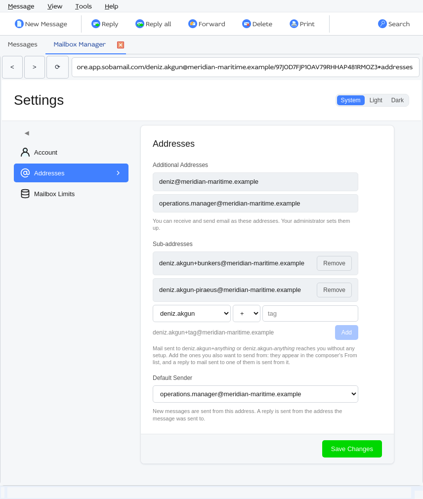 The Mailbox Manager open in a tab of the main window