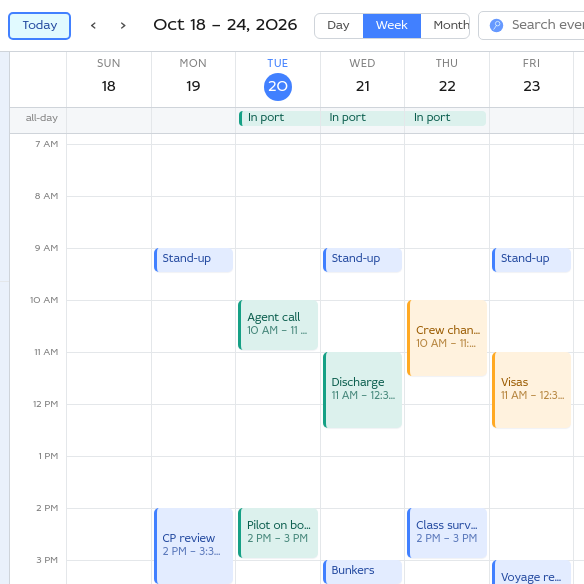 The Calendar app on a working week, with port calls, meetings and crew appointments in three calendars