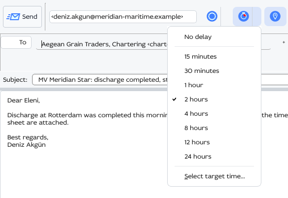 The compose window's Delay Delivery menu open, with 2 hours chosen among the delays from 15 minutes to 24 hours
