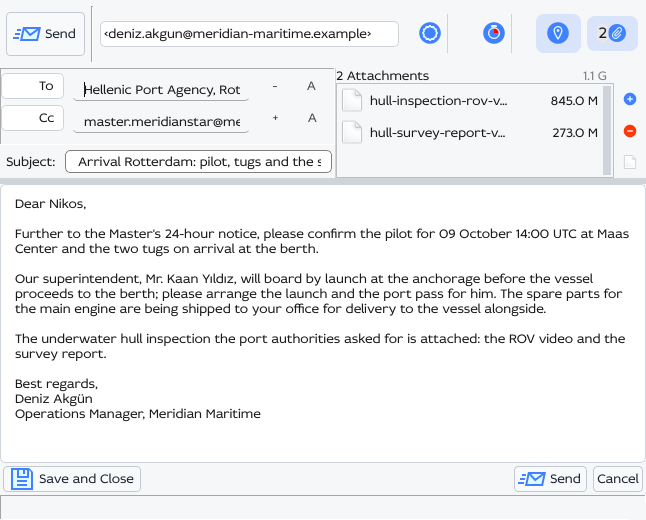The compose window with two recipients, a subject, a message body and two attached files of 845 MB and 273 MB
