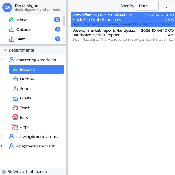 The Departments pane below the folder tree, with the chartering department's Inbox selected and its messages listed beside it