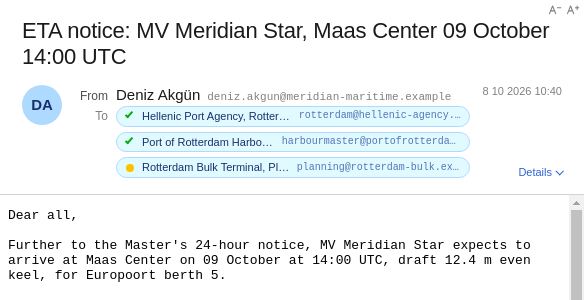 A sent message in the reader, two of its three recipients marked delivered and the third waiting