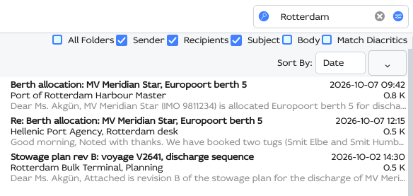 The toolbar's search box with Rotterdam typed in, the scope row beneath it and the three messages that match